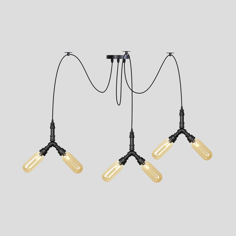 Industrial Capsule Multiple Hanging Light 4/6/12-Head Amber Glass Swag LED Ceiling Lamp in Black Clearhalo 'Ceiling Lights' 'Glass shade' 'Glass' 'Industrial Pendants' 'Industrial' 'Middle Century Pendants' 'Pendant Lights' 'Pendants' 'Tiffany' Lighting' 739106