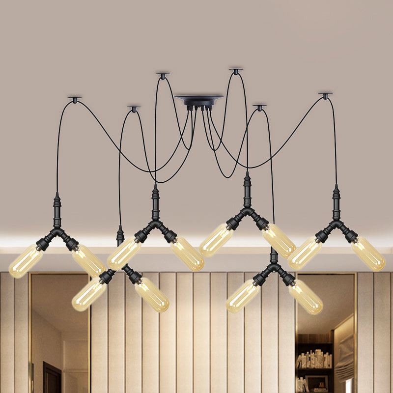 Industrial Capsule Multiple Hanging Light 4/6/12-Head Amber Glass Swag LED Ceiling Lamp in Black 12 Black Clearhalo 'Ceiling Lights' 'Glass shade' 'Glass' 'Industrial Pendants' 'Industrial' 'Middle Century Pendants' 'Pendant Lights' 'Pendants' 'Tiffany' Lighting' 739108