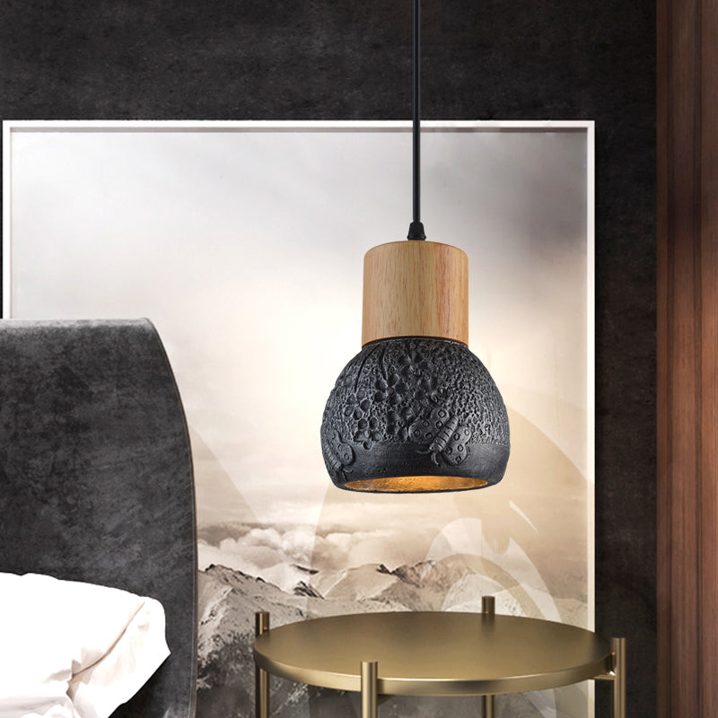 1 Head Cement Ceiling Light Industrial Black/Grey/Brown and Wood Dome Bedroom Pendant Lamp with Butterfly Pattern Black Clearhalo 'Ceiling Lights' 'Industrial Pendants' 'Industrial' 'Middle Century Pendants' 'Pendant Lights' 'Pendants' 'Tiffany' Lighting' 739190