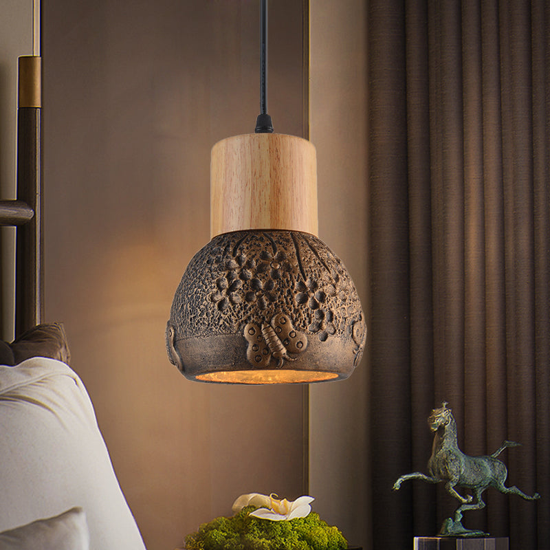 1 Head Cement Ceiling Light Industrial Black/Grey/Brown and Wood Dome Bedroom Pendant Lamp with Butterfly Pattern Brown Clearhalo 'Ceiling Lights' 'Industrial Pendants' 'Industrial' 'Middle Century Pendants' 'Pendant Lights' 'Pendants' 'Tiffany' Lighting' 739198