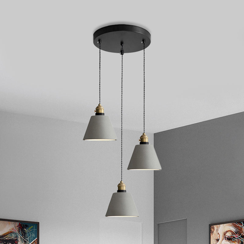 Grey 3 Heads Multi Ceiling Light Industrial Cement Cone/Bell/Drum Pendant Lamp Fixture, 3