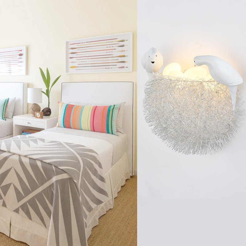 Animal Bird Nest Sconce Light with Pigeon & Egg Aluminum Wall Lamp in White for Kid Bedroom Clearhalo 'Wall Lamps & Sconces' 'Wall Lights' Lighting' 73946