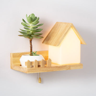 Beige Small House Wall Light 1 Light Lovely Wooden Sconce Light with Shelf for Kid Bedroom Clearhalo 'Wall Lamps & Sconces' 'Wall Lights' Lighting' 74233