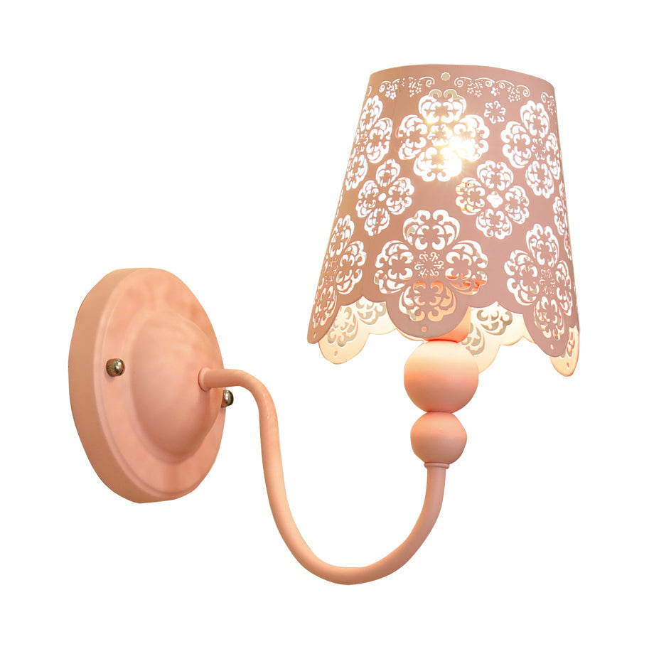 Macaron Candy Colored Wall Sconce Etched Empire Shade 1 Light Iron Sconce Light for Baby Room Pink Clearhalo 'Wall Lamps & Sconces' 'Wall Lights' Lighting' 74429