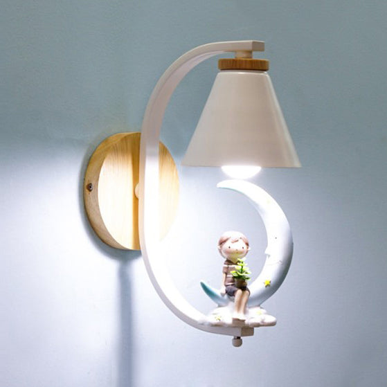 Child & Moon Wall Light with Coolie Shade 1 Light Cartoon Resin Wall Sconce for Nursing Room Clearhalo 'Wall Lamps & Sconces' 'Wall Lights' Lighting' 74438