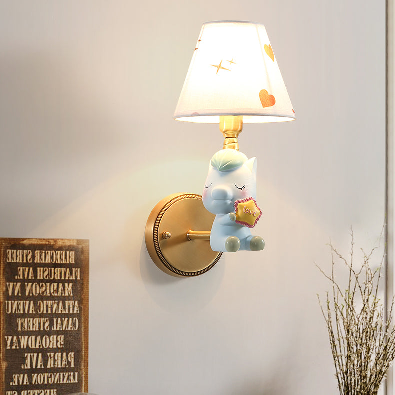 Cartoon Sleeping Pony Sconce Light Single Light Resin Wall Lamp with Fabric Shade for Child Bedroom Clearhalo 'Wall Lamps & Sconces' 'Wall Lights' Lighting' 74612