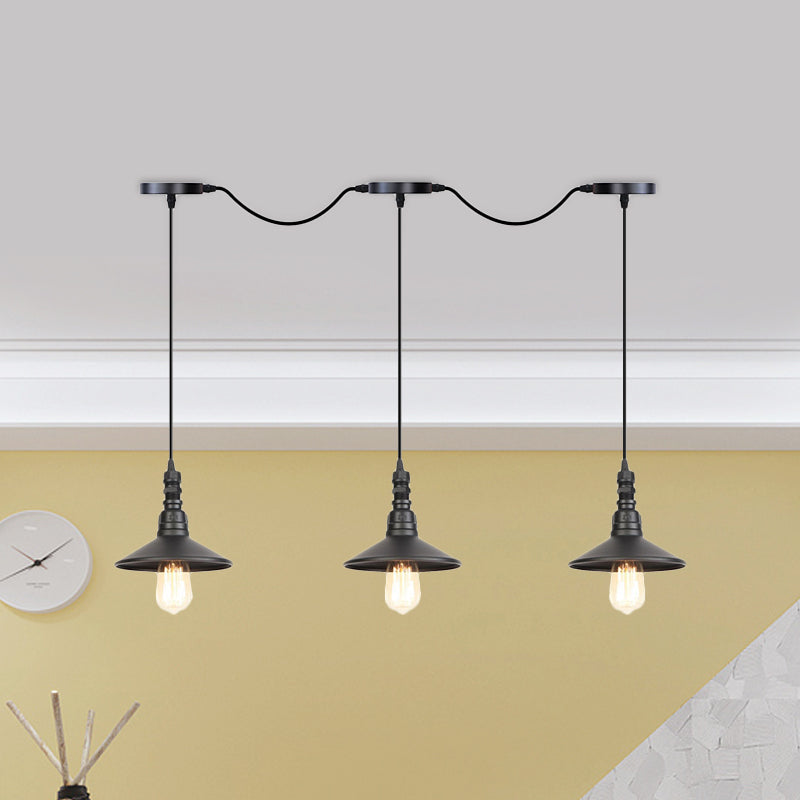 3/5/7 Heads Saucer Multi Pendant Light Industrial Black Finish Iron Tandem Hanging Lamp Fixture 3 Black Clearhalo 'Art Deco Pendants' 'Black' 'Cast Iron' 'Ceiling Lights' 'Ceramic' 'Crystal' 'Industrial Pendants' 'Industrial' 'Metal' 'Middle Century Pendants' 'Pendant Lights' 'Pendants' 'Rustic Pendants' 'Tiffany' Lighting' 753897