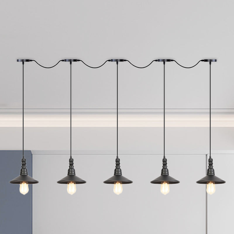 3/5/7 Heads Saucer Multi Pendant Light Industrial Black Finish Iron Tandem Hanging Lamp Fixture 5 Black Clearhalo 'Art Deco Pendants' 'Black' 'Cast Iron' 'Ceiling Lights' 'Ceramic' 'Crystal' 'Industrial Pendants' 'Industrial' 'Metal' 'Middle Century Pendants' 'Pendant Lights' 'Pendants' 'Rustic Pendants' 'Tiffany' Lighting' 753901