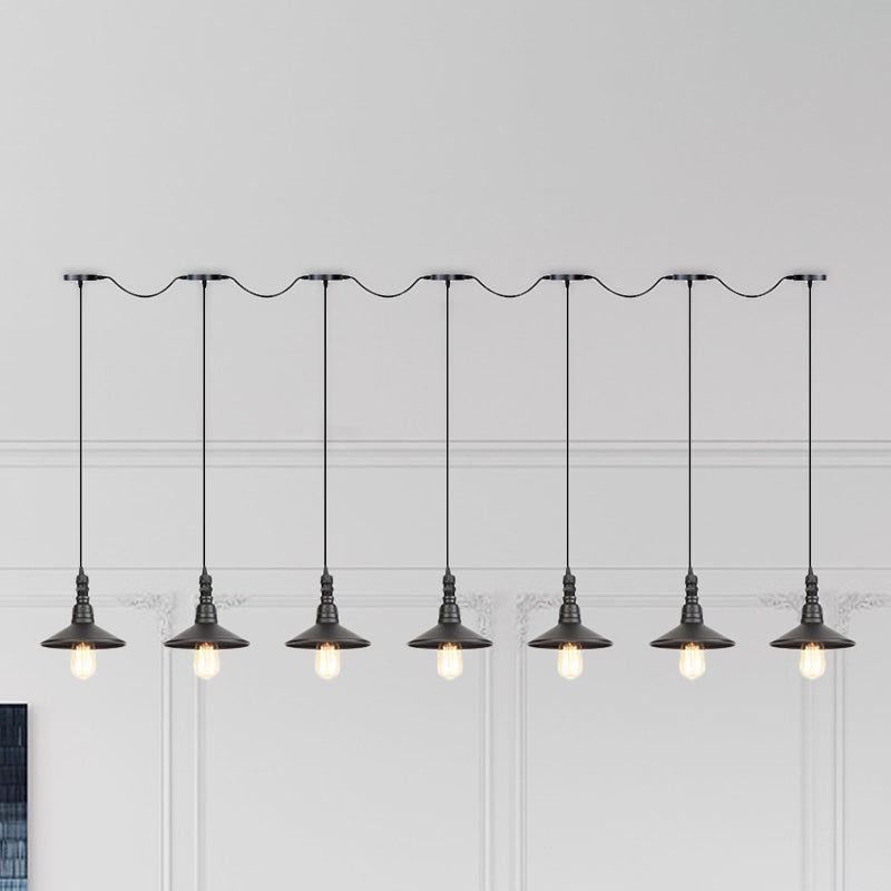 3/5/7 Heads Saucer Multi Pendant Light Industrial Black Finish Iron Tandem Hanging Lamp Fixture 7 Black Clearhalo 'Art Deco Pendants' 'Black' 'Cast Iron' 'Ceiling Lights' 'Ceramic' 'Crystal' 'Industrial Pendants' 'Industrial' 'Metal' 'Middle Century Pendants' 'Pendant Lights' 'Pendants' 'Rustic Pendants' 'Tiffany' Lighting' 753906