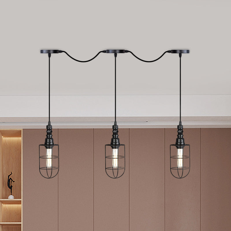 3/5/7-Head Iron Tandem Multi Ceiling Light Rustic Black Finish Wire Cage Restaurant Pendulum Lamp 3 Black Clearhalo 'Art Deco Pendants' 'Black' 'Cast Iron' 'Ceiling Lights' 'Ceramic' 'Crystal' 'Industrial Pendants' 'Industrial' 'Metal' 'Middle Century Pendants' 'Pendant Lights' 'Pendants' 'Rustic Pendants' 'Tiffany' Lighting' 753973