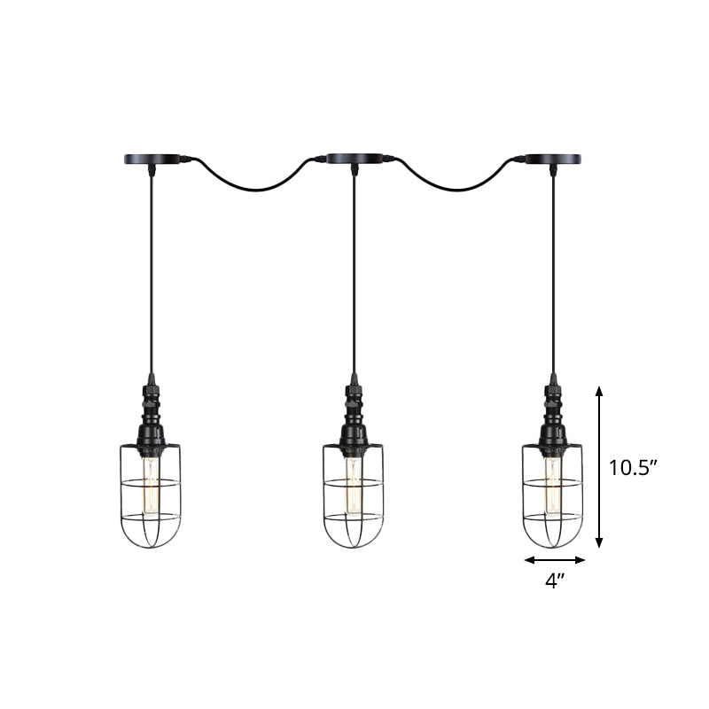 3/5/7-Head Iron Tandem Multi Ceiling Light Rustic Black Finish Wire Cage Restaurant Pendulum Lamp Clearhalo 'Art Deco Pendants' 'Black' 'Cast Iron' 'Ceiling Lights' 'Ceramic' 'Crystal' 'Industrial Pendants' 'Industrial' 'Metal' 'Middle Century Pendants' 'Pendant Lights' 'Pendants' 'Rustic Pendants' 'Tiffany' Lighting' 753976