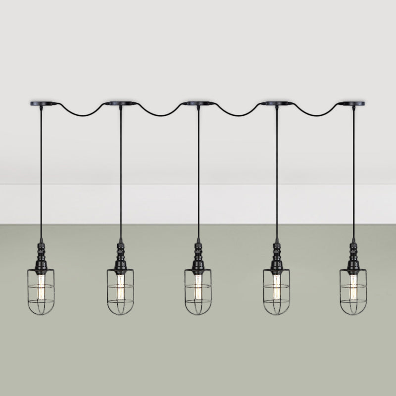 3/5/7-Head Iron Tandem Multi Ceiling Light Rustic Black Finish Wire Cage Restaurant Pendulum Lamp 5 Black Clearhalo 'Art Deco Pendants' 'Black' 'Cast Iron' 'Ceiling Lights' 'Ceramic' 'Crystal' 'Industrial Pendants' 'Industrial' 'Metal' 'Middle Century Pendants' 'Pendant Lights' 'Pendants' 'Rustic Pendants' 'Tiffany' Lighting' 753977