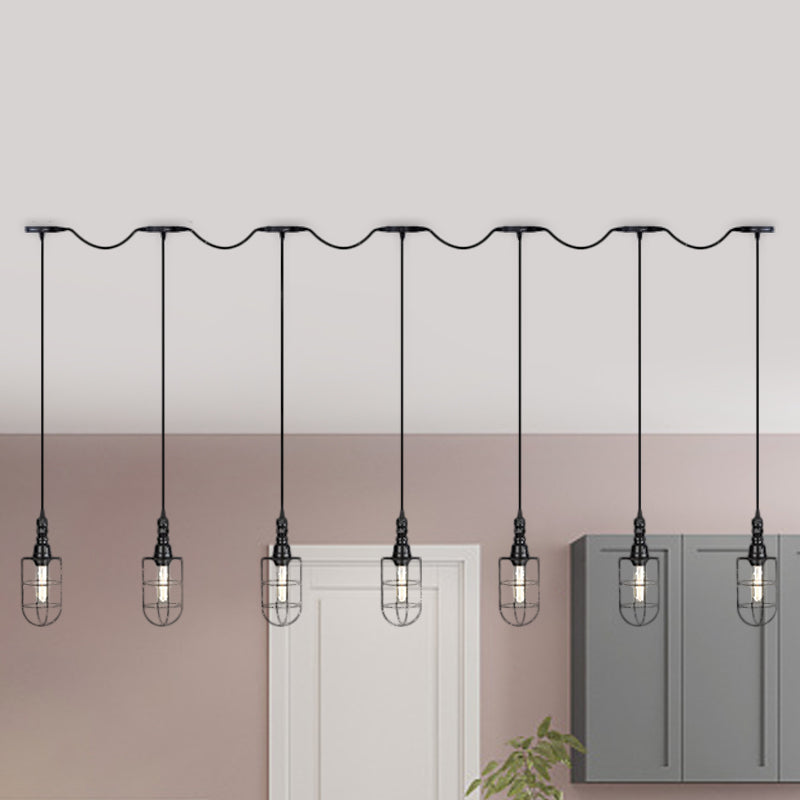 3/5/7-Head Iron Tandem Multi Ceiling Light Rustic Black Finish Wire Cage Restaurant Pendulum Lamp 7 Black Clearhalo 'Art Deco Pendants' 'Black' 'Cast Iron' 'Ceiling Lights' 'Ceramic' 'Crystal' 'Industrial Pendants' 'Industrial' 'Metal' 'Middle Century Pendants' 'Pendant Lights' 'Pendants' 'Rustic Pendants' 'Tiffany' Lighting' 753982