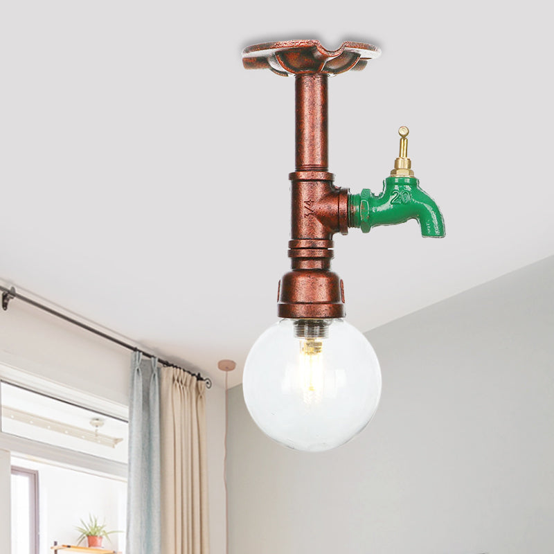 1 Bulb Semi Flush Ceiling Light Industrial Globe Clear Glass LED Flush Mount Lamp in Copper Clearhalo 'Ceiling Lights' 'Close To Ceiling Lights' 'Close to ceiling' 'Glass shade' 'Glass' 'Semi-flushmount' Lighting' 754191