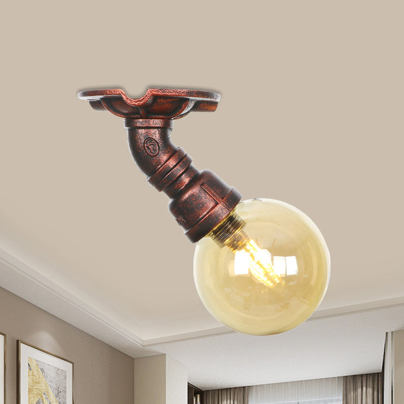 Copper Finish 1 Light Semi Flush Mount Vintage Amber Glass Orb Flush Ceiling Lamp Fixture Copper A Clearhalo 'Ceiling Lights' 'Close To Ceiling Lights' 'Close to ceiling' 'Glass shade' 'Glass' 'Semi-flushmount' Lighting' 756762