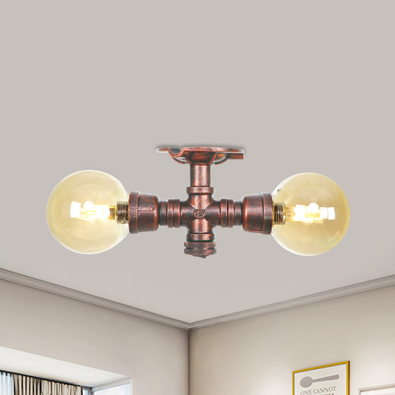 Amber Glass Copper Flushmount Light Ball 2 Heads Farmhouse LED Semi Flush Ceiling Fixture Copper A Clearhalo 'Ceiling Lights' 'Close To Ceiling Lights' 'Close to ceiling' 'Glass shade' 'Glass' 'Semi-flushmount' Lighting' 756781