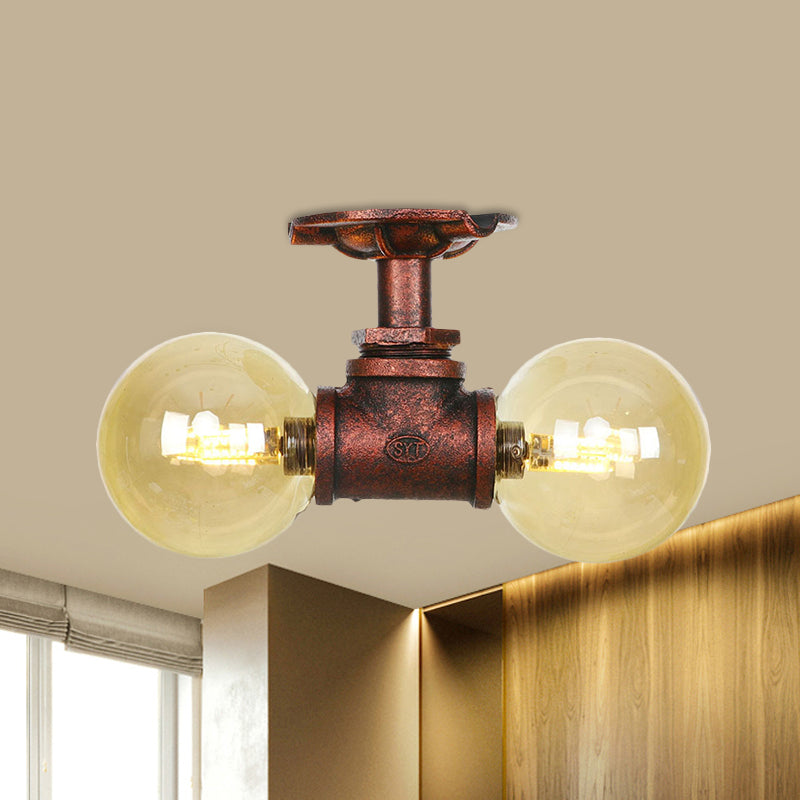 Amber Glass Copper Flushmount Light Ball 2 Heads Farmhouse LED Semi Flush Ceiling Fixture Copper C Clearhalo 'Ceiling Lights' 'Close To Ceiling Lights' 'Close to ceiling' 'Glass shade' 'Glass' 'Semi-flushmount' Lighting' 756790