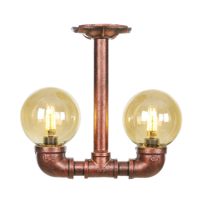 Orb Restaurant Semi Flush Light Fixture Rustic Amber Glass 2 Lights Copper Flush Lamp Clearhalo 'Ceiling Lights' 'Close To Ceiling Lights' 'Close to ceiling' 'Glass shade' 'Glass' 'Semi-flushmount' Lighting' 756801