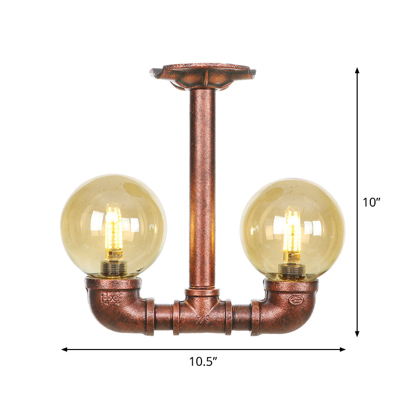 Orb Restaurant Semi Flush Light Fixture Rustic Amber Glass 2 Lights Copper Flush Lamp Clearhalo 'Ceiling Lights' 'Close To Ceiling Lights' 'Close to ceiling' 'Glass shade' 'Glass' 'Semi-flushmount' Lighting' 756803