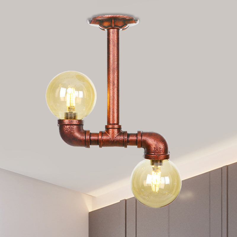 Orb Restaurant Semi Flush Light Fixture Rustic Amber Glass 2 Lights Copper Flush Lamp Copper B Clearhalo 'Ceiling Lights' 'Close To Ceiling Lights' 'Close to ceiling' 'Glass shade' 'Glass' 'Semi-flushmount' Lighting' 756804