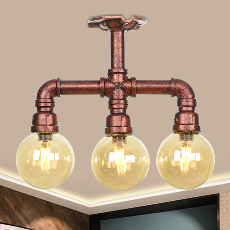 Amber Glass Copper Semi Flush Light Sphere 3/4-Bulb Farmhouse LED Ceiling Mounted Fixture Copper B Clearhalo 'Ceiling Lights' 'Close To Ceiling Lights' 'Close to ceiling' 'Glass shade' 'Glass' 'Semi-flushmount' Lighting' 756823