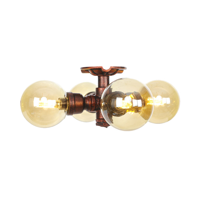 Amber Glass Copper Semi Flush Light Sphere 3/4-Bulb Farmhouse LED Ceiling Mounted Fixture Clearhalo 'Ceiling Lights' 'Close To Ceiling Lights' 'Close to ceiling' 'Glass shade' 'Glass' 'Semi-flushmount' Lighting' 756830