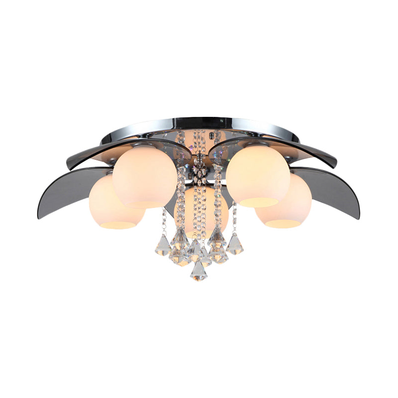 Ball Milk Glass Flush Mounted Lamp Contemporary 5 Lights Hotel Ceiling Fixture with Leaf and Crystal Strand Decor Clearhalo 'Ceiling Lights' 'Close To Ceiling Lights' 'Close to ceiling' 'Flush mount' Lighting' 756866