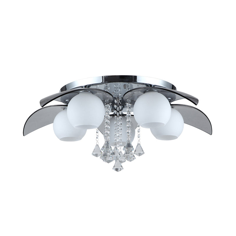 Ball Milk Glass Flush Mounted Lamp Contemporary 5 Lights Hotel Ceiling Fixture with Leaf and Crystal Strand Decor Clearhalo 'Ceiling Lights' 'Close To Ceiling Lights' 'Close to ceiling' 'Flush mount' Lighting' 756867