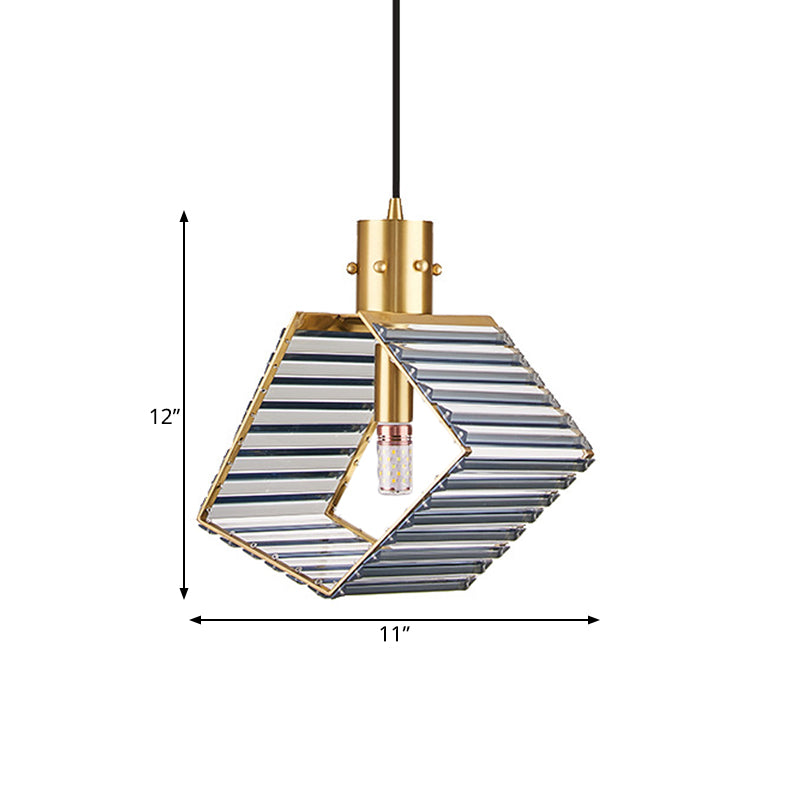 4-Side Prismatic Crystal Suspension Lamp Mid Century Single Bulb Dining Table Pendant Lighting Fixture in Brass Clearhalo 'Ceiling Lights' 'Modern Pendants' 'Modern' 'Pendant Lights' 'Pendants' Lighting' 756897