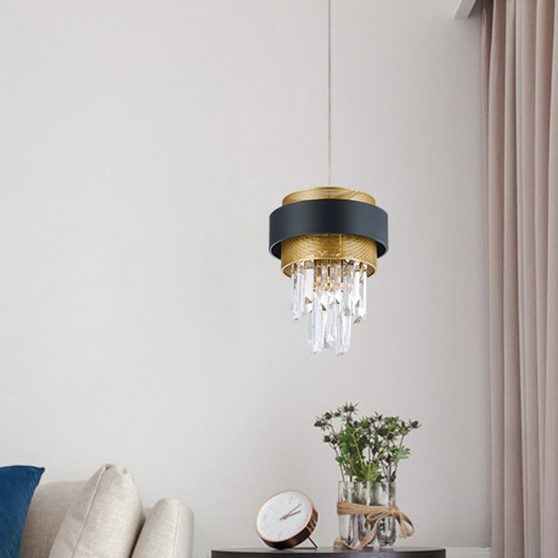 Retro Layered Hanging Lamp 1 Bulb Crystal Rod Suspension Lighting with Black and Gold Circle Guard Clearhalo 'Ceiling Lights' 'Modern Pendants' 'Modern' 'Pendant Lights' 'Pendants' Lighting' 756903