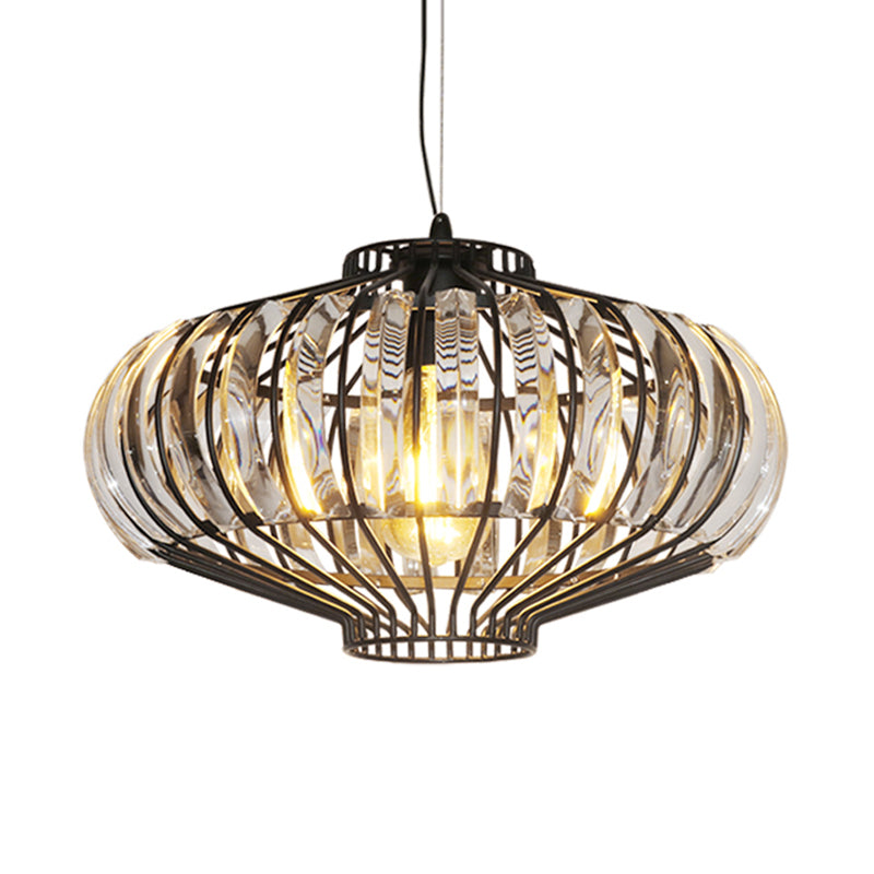 1 Light Hanging Pendant Clear Crystal Vintage Lounge Ceiling Lamp with Lantern Shade in Black Clearhalo 'Ceiling Lights' 'Modern Pendants' 'Modern' 'Pendant Lights' 'Pendants' Lighting' 756908