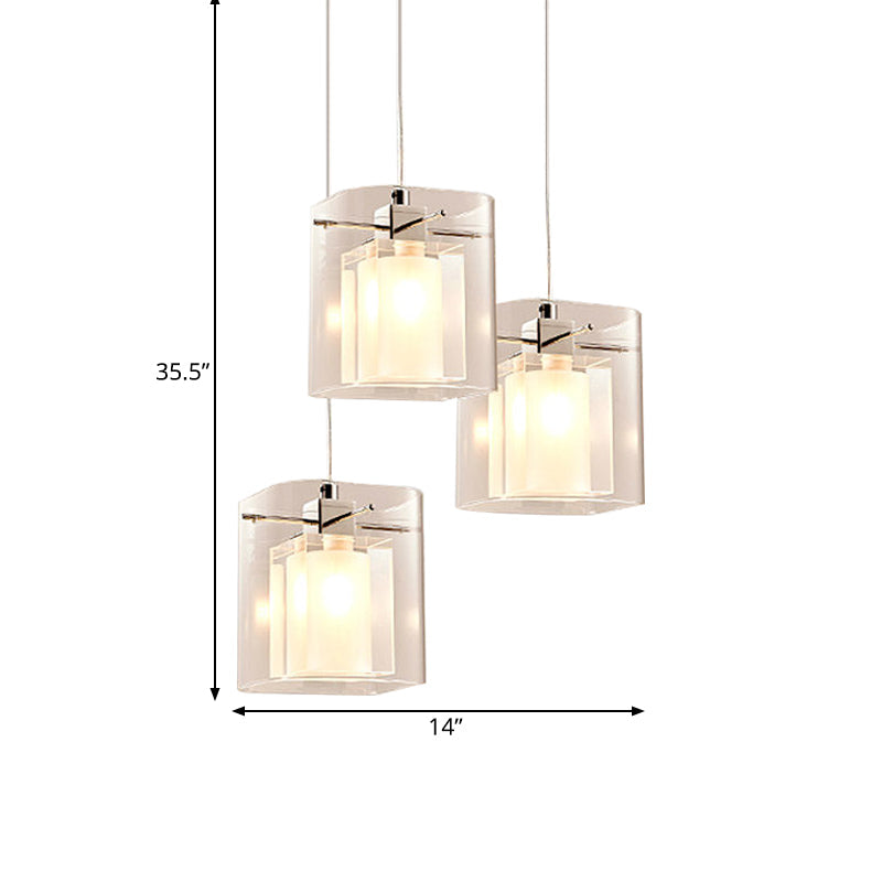 3-Shade Cuboidal Dining Hall Drop Pendant Simplicity Crystal 3 Bulbs Chrome Multi Light Ceiling Light Clearhalo 'Ceiling Lights' 'Modern Pendants' 'Modern' 'Pendant Lights' 'Pendants' Lighting' 756974