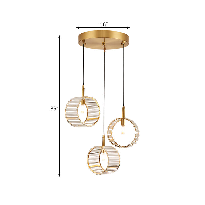 3-Light Cluster Circle Pendant Minimalist Brass Clear Ribbed Crystal Ceiling Hanging Light Clearhalo 'Ceiling Lights' 'Modern Pendants' 'Modern' 'Pendant Lights' 'Pendants' Lighting' 756978