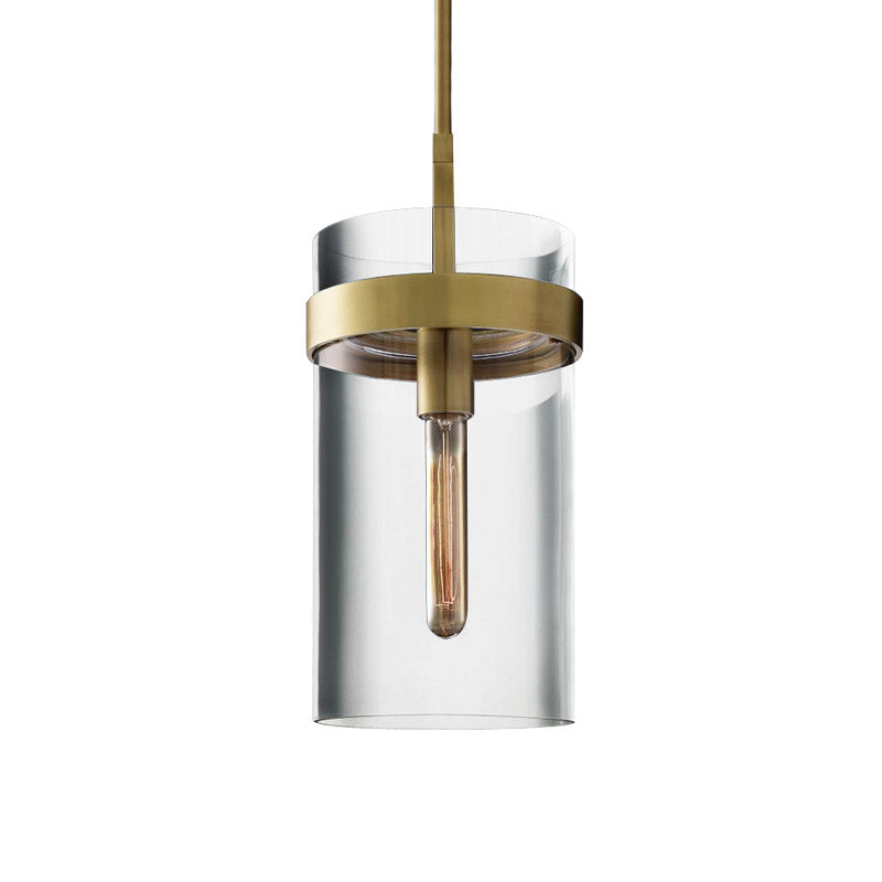 Brass Cylinder Ceiling Pendant Light Postmodern 1 Light Clear Glass Hanging Lamp Kit Clearhalo 'Ceiling Lights' 'Glass shade' 'Glass' 'Modern Pendants' 'Modern' 'Pendant Lights' 'Pendants' Lighting' 756993