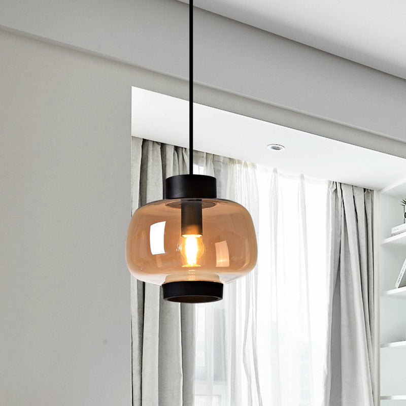 Lantern Living Room Suspension Light Smoke Gray/Cream/Cognac Glass 1-Head Modernism Hanging Pendant Cognac Clearhalo 'Ceiling Lights' 'Glass shade' 'Glass' 'Modern Pendants' 'Modern' 'Pendant Lights' 'Pendants' Lighting' 757011