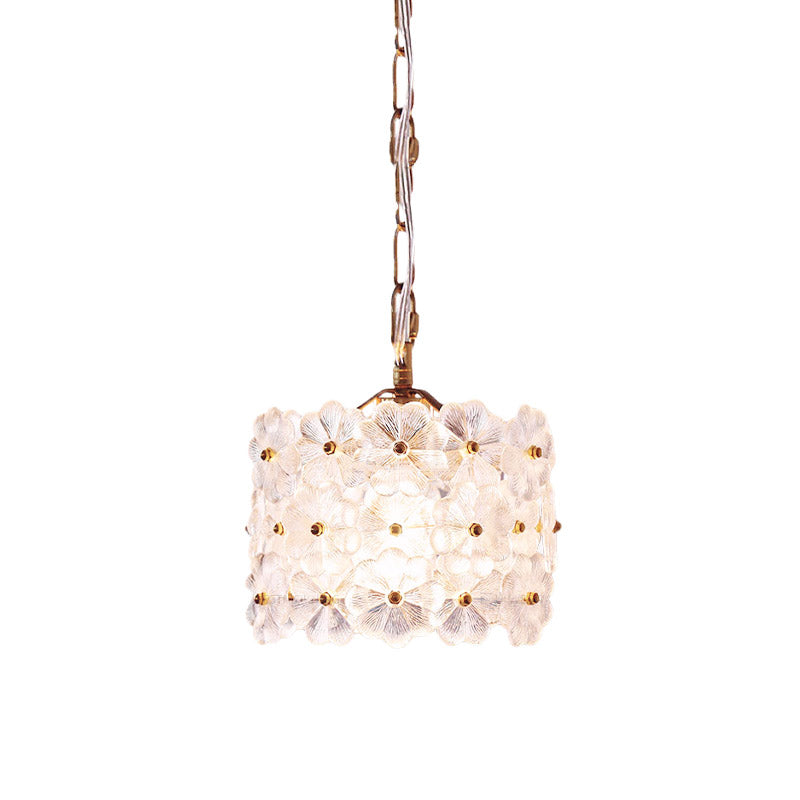 Drum White Floral Glass Hanging Light Kit Contemporary 1-Light Brass Ceiling Pendant Lamp Clearhalo 'Ceiling Lights' 'Close To Ceiling Lights' 'Glass shade' 'Glass' 'Modern Pendants' 'Modern' 'Pendant Lights' 'Pendants' Lighting' 757061