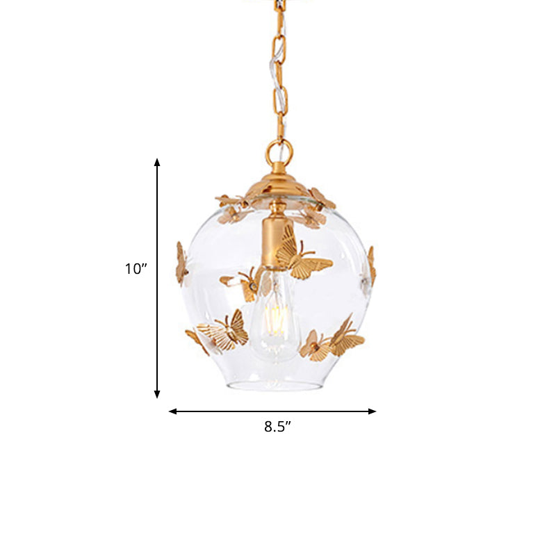 Contemporary Bud Drop Pendant Light Clear Glass 1-Light Bedroom Suspension Lamp with Butterfly Deco Clearhalo 'Ceiling Lights' 'Close To Ceiling Lights' 'Glass shade' 'Glass' 'Modern Pendants' 'Modern' 'Pendant Lights' 'Pendants' Lighting' 757099