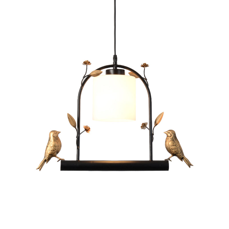 Birdcage Ceiling Light Modernist Metal 1-Head Black and Gold Hanging Pendant with Cylinder Cream Glass Shade and Bird Decor Clearhalo 'Ceiling Lights' 'Close To Ceiling Lights' 'Glass shade' 'Glass' 'Modern Pendants' 'Modern' 'Pendant Lights' 'Pendants' Lighting' 757101