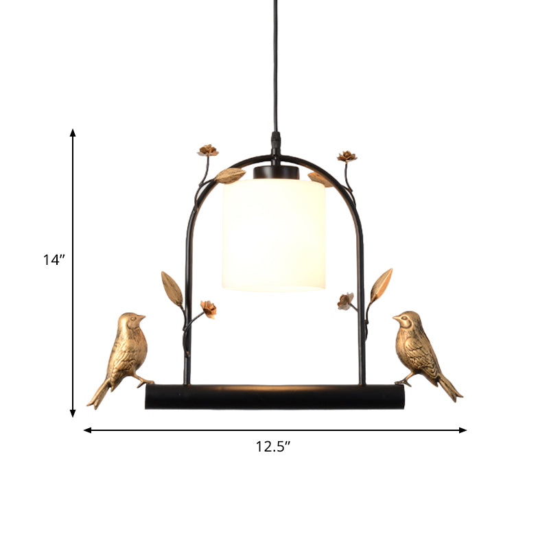 Birdcage Ceiling Light Modernist Metal 1-Head Black and Gold Hanging Pendant with Cylinder Cream Glass Shade and Bird Decor Clearhalo 'Ceiling Lights' 'Close To Ceiling Lights' 'Glass shade' 'Glass' 'Modern Pendants' 'Modern' 'Pendant Lights' 'Pendants' Lighting' 757103