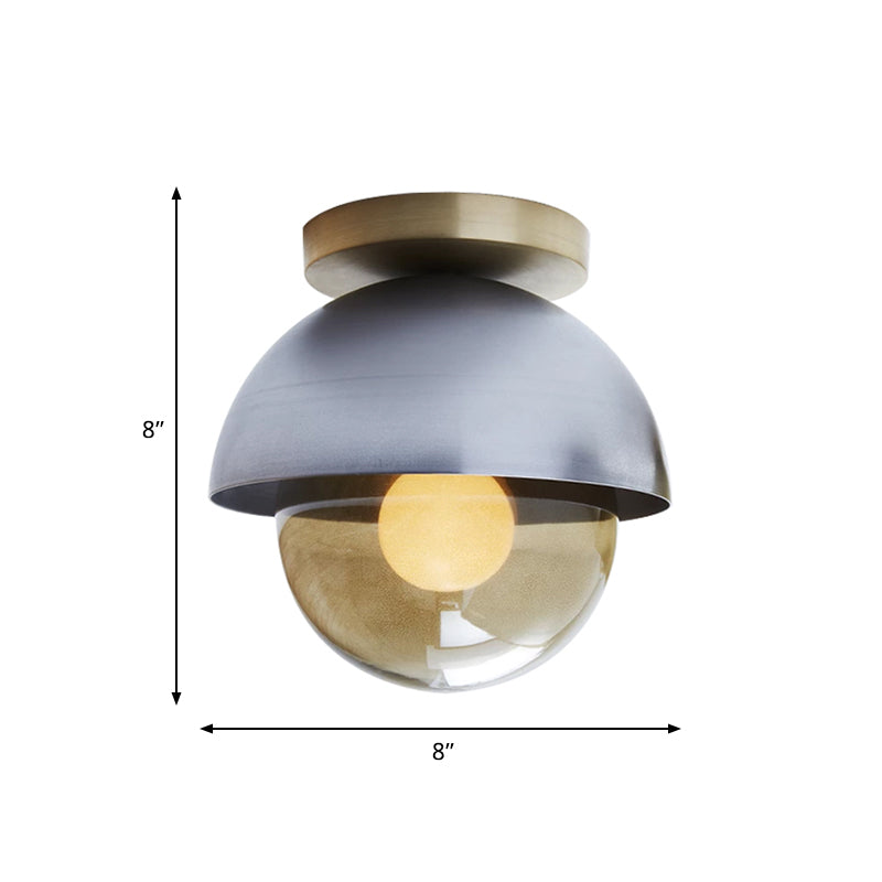 Metal Dome Flush Ceiling Light Postmodern 1-Light Grey Flushmount Lamp with Orb Amber Glass Shade Clearhalo 'Ceiling Lights' 'Close To Ceiling Lights' 'Close to ceiling' 'Flush mount' Lighting' 757123