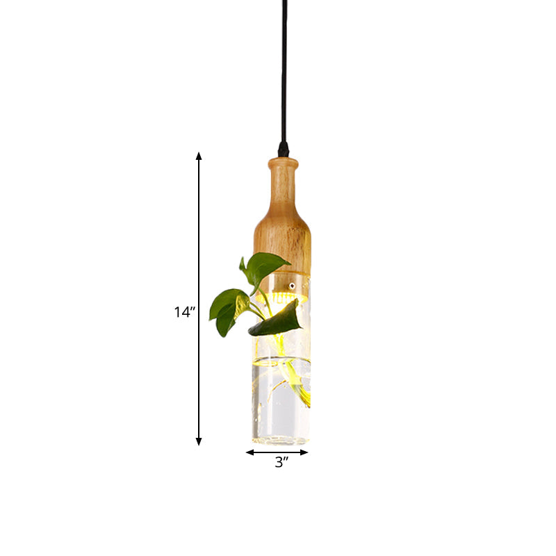 Wine Bottle Clear Glass Pendant Art Deco 1 Bulb Bedroom Plant Ceiling Hang Fixture in Wood Clearhalo 'Ceiling Lights' 'Close To Ceiling Lights' 'Glass shade' 'Glass' 'Pendant Lights' 'Pendants' Lighting' 757959