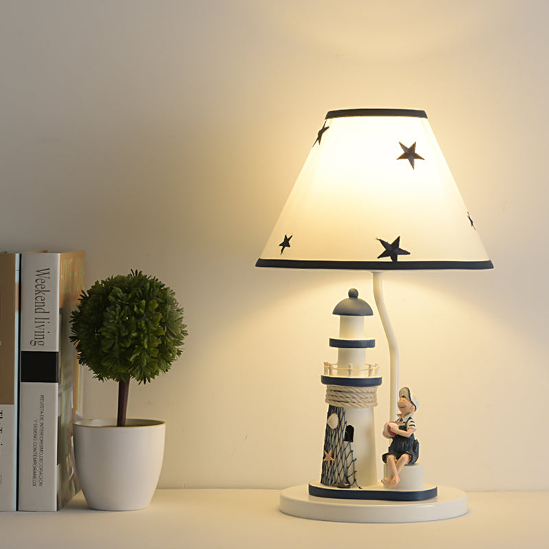 Boy/Girl and Lighthouse Table Light Cartoon Resin 1 Light White/Blue Night Stand Lamp with Tapered Shade White Boy Clearhalo 'Lamps' 'Table Lamps' Lighting' 757964