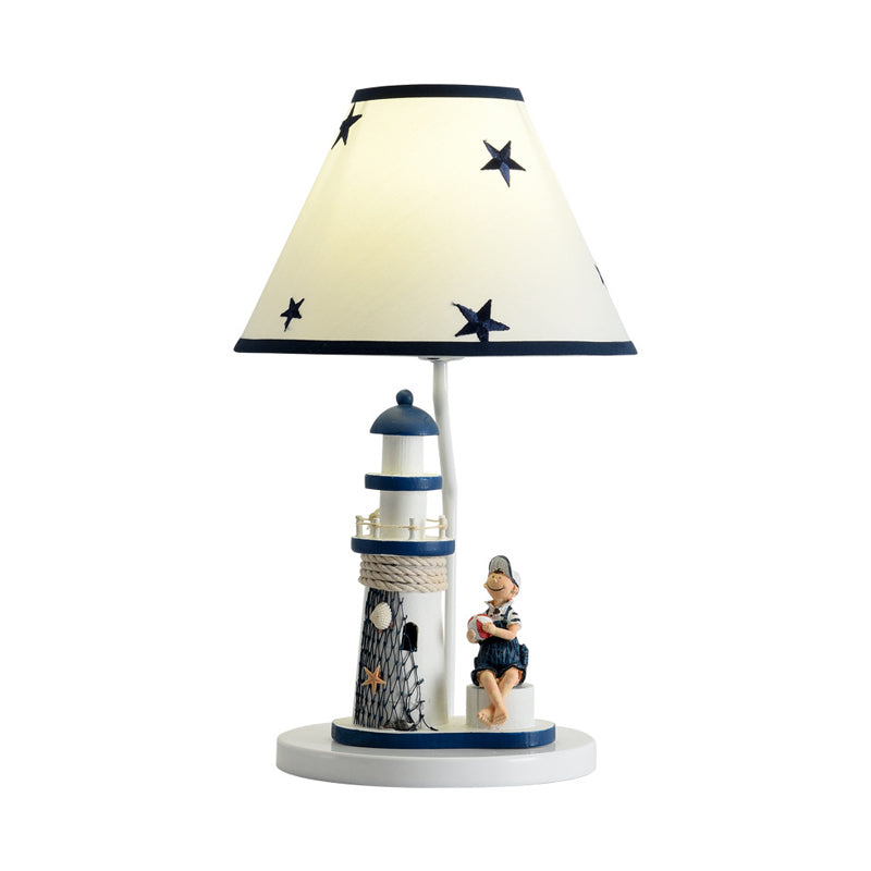 Boy/Girl and Lighthouse Table Light Cartoon Resin 1 Light White/Blue Night Stand Lamp with Tapered Shade Clearhalo 'Lamps' 'Table Lamps' Lighting' 757966