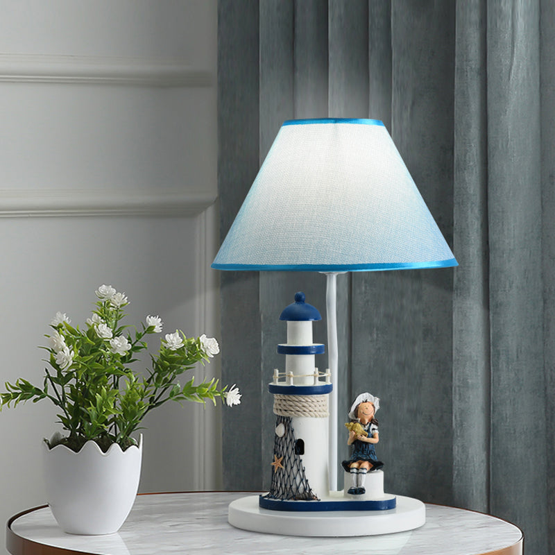 Boy/Girl and Lighthouse Table Light Cartoon Resin 1 Light White/Blue Night Stand Lamp with Tapered Shade Blue Girl Clearhalo 'Lamps' 'Table Lamps' Lighting' 757968
