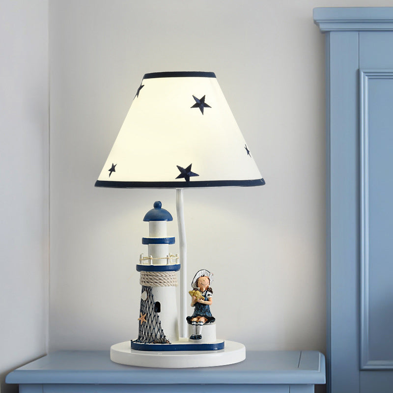 Boy/Girl and Lighthouse Table Light Cartoon Resin 1 Light White/Blue Night Stand Lamp with Tapered Shade White Girl Clearhalo 'Lamps' 'Table Lamps' Lighting' 757972