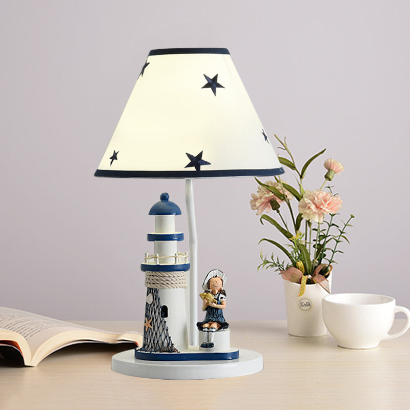 Boy/Girl and Lighthouse Table Light Cartoon Resin 1 Light White/Blue Night Stand Lamp with Tapered Shade Clearhalo 'Lamps' 'Table Lamps' Lighting' 757973