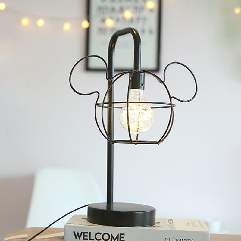 Black Mouse Head Table Lighting Kids Novelty Iron LED Night Stand Light with Gooseneck Arm and Cage Design Black Clearhalo 'Lamps' 'Table Lamps' Lighting' 757984