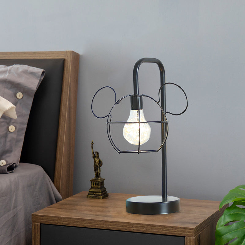 Black Mouse Head Table Lighting Kids Novelty Iron LED Night Stand Light with Gooseneck Arm and Cage Design Clearhalo 'Lamps' 'Table Lamps' Lighting' 757985