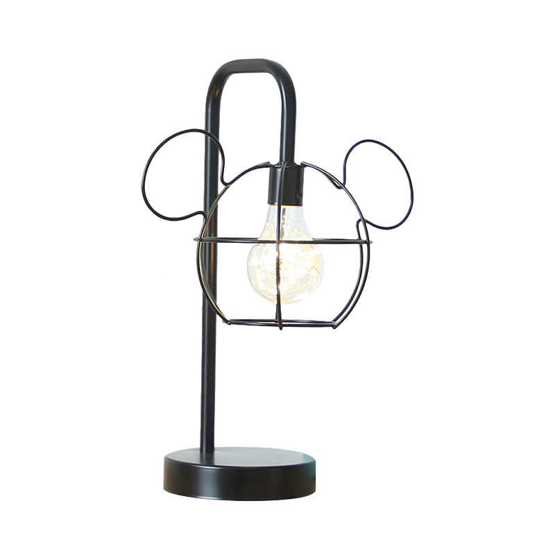 Black Mouse Head Table Lighting Kids Novelty Iron LED Night Stand Light with Gooseneck Arm and Cage Design Clearhalo 'Lamps' 'Table Lamps' Lighting' 757986