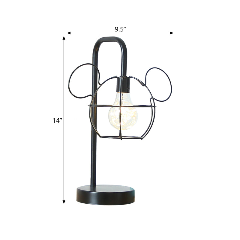 Black Mouse Head Table Lighting Kids Novelty Iron LED Night Stand Light with Gooseneck Arm and Cage Design Clearhalo 'Lamps' 'Table Lamps' Lighting' 757987